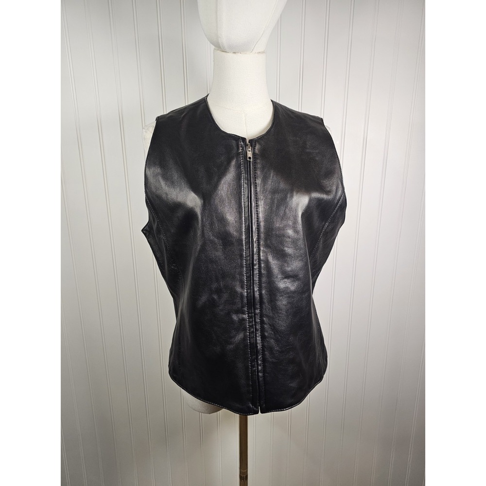 J. Khaki Black Geniune Leather Zip Up Vest Women's Size M Biker Moto Lined
